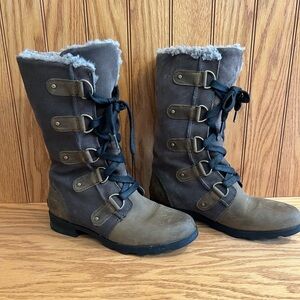 Sorel Emelie Lace waterproof mid-calf gray suede brown leather size US 9.